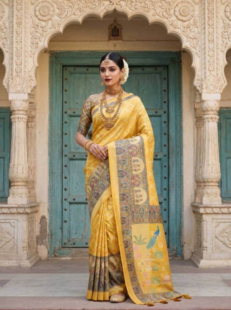 Yellow Color Jacquard Weaving  Work Silk Blend Saree