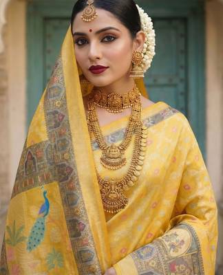 Yellow Color Jacquard Weaving  Work Silk Blend Saree 2