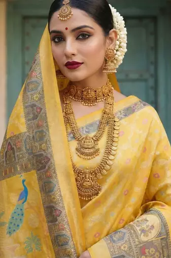 Yellow Color Jacquard Weaving  Work Silk Blend Saree