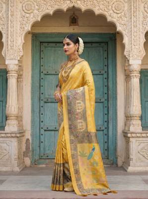 Yellow Color Jacquard Weaving  Work Silk Blend Saree 3