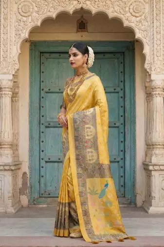 Yellow Color Jacquard Weaving  Work Silk Blend Saree