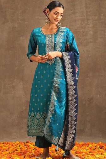 Turquoise jaquard silk embroidery sequence work kurta pant set with dupatta