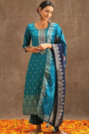 Turquoise jaquard silk embroidery sequence work kurta pant set with dupatta