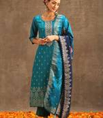 Turquoise jaquard silk embroidery sequence work kurta pant set with dupatta