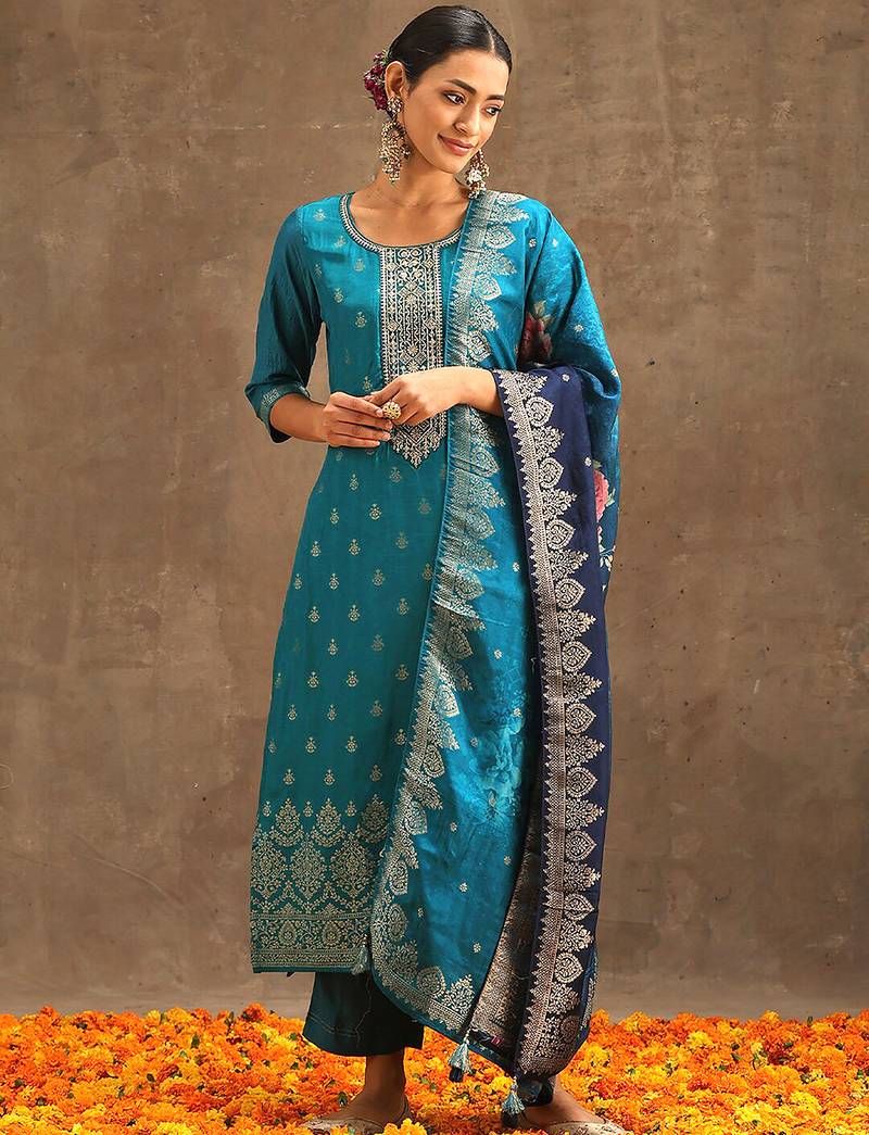 Turquoise jaquard silk embroidery sequence work kurta pant set with dupatta