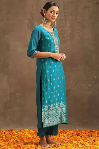 Turquoise jaquard silk embroidery sequence work kurta pant set with dupatta