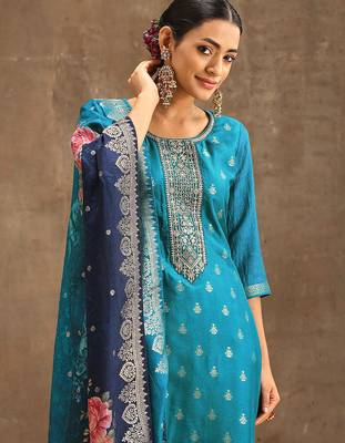 Turquoise jaquard silk embroidery sequence work kurta pant set with dupatta 3