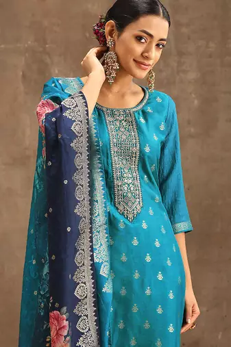 Turquoise jaquard silk embroidery sequence work kurta pant set with dupatta