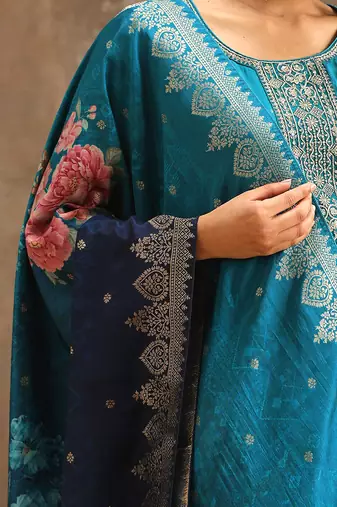 Turquoise jaquard silk embroidery sequence work kurta pant set with dupatta