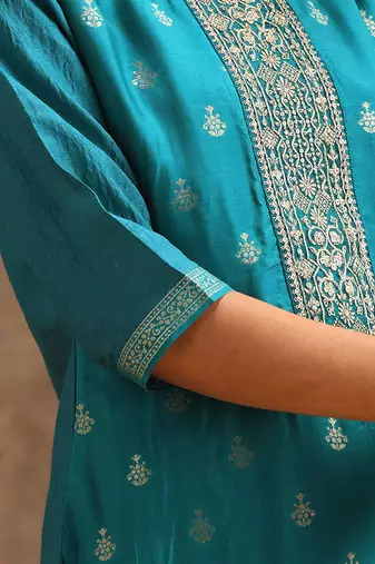 Turquoise jaquard silk embroidery sequence work kurta pant set with dupatta