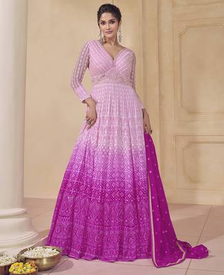 Pink ombre georgette embroiderey sequence work anarkali suit set with dupatta 1