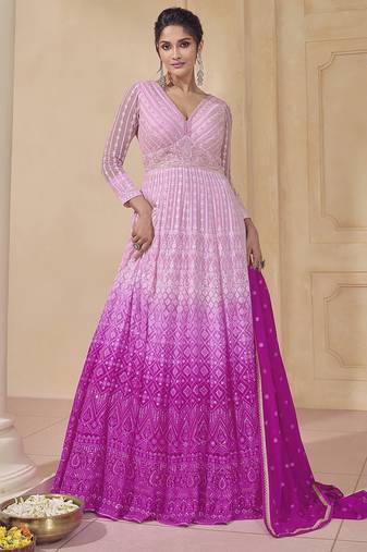 Pink ombre georgette embroiderey sequence work anarkali suit set with dupatta
