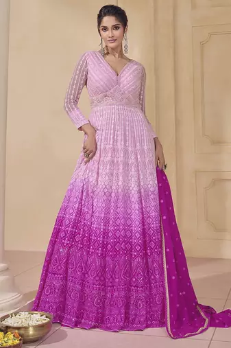 Pink ombre georgette embroiderey sequence work anarkali suit set with dupatta