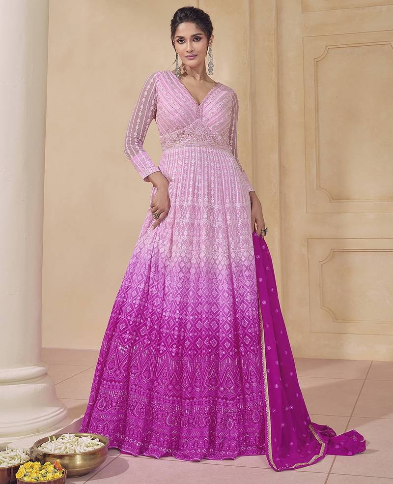 Pink ombre georgette embroiderey sequence work anarkali suit set with dupatta