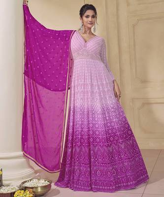 Pink ombre georgette embroiderey sequence work anarkali suit set with dupatta 2