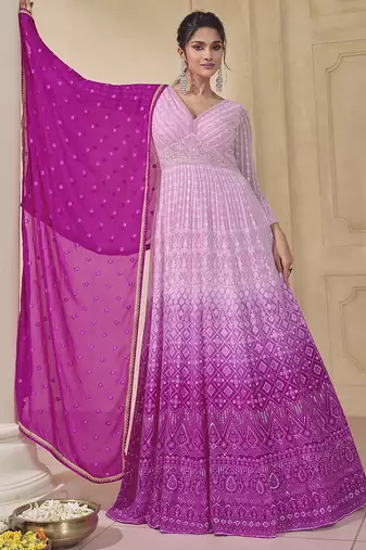 Pink ombre georgette embroiderey sequence work anarkali suit set with dupatta