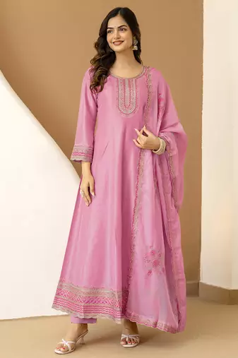 Lightpink art silk embroidery sequence work anarkali kurta pant set with dupatta