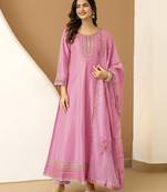 Lightpink art silk embroidery sequence work anarkali kurta pant set with dupatta