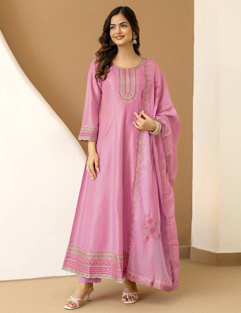 Lightpink art silk embroidery sequence work anarkali kurta pant set with dupatta