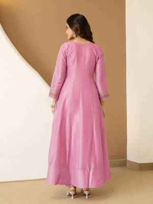 Lightpink art silk embroidery sequence work anarkali kurta pant set with dupatta 2