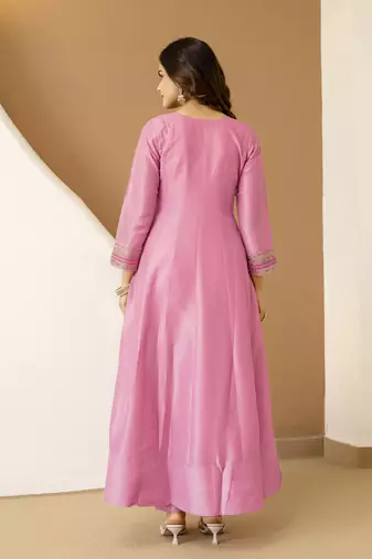 Lightpink art silk embroidery sequence work anarkali kurta pant set with dupatta