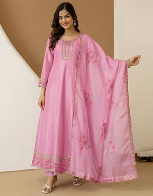 Lightpink art silk embroidery sequence work anarkali kurta pant set with dupatta 3