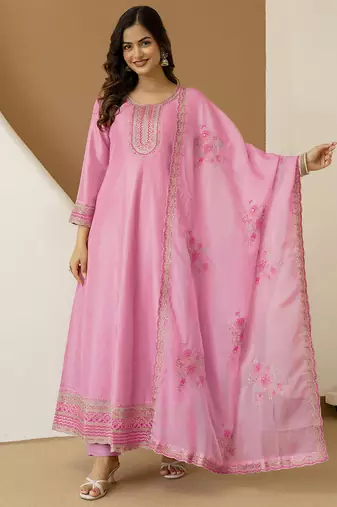 Lightpink art silk embroidery sequence work anarkali kurta pant set with dupatta