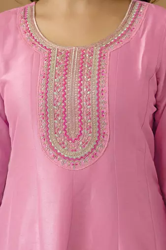 Lightpink art silk embroidery sequence work anarkali kurta pant set with dupatta