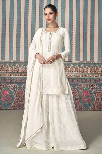 White white georgette embroidery with sequence work kurta palazzo dupatta set