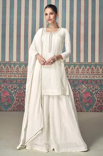 White white georgette embroidery with sequence work kurta palazzo dupatta set