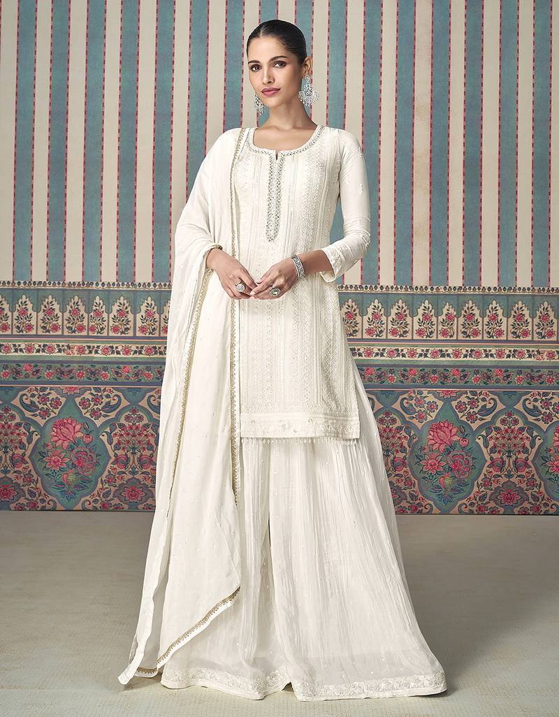 White white georgette embroidery with sequence work kurta palazzo dupatta set