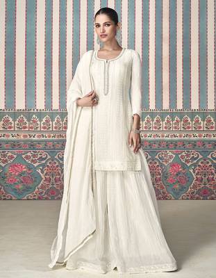 White white georgette embroidery with sequence work kurta palazzo dupatta set 2
