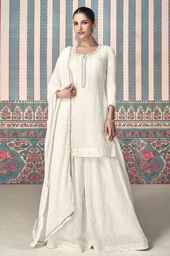 White white georgette embroidery with sequence work kurta palazzo dupatta set