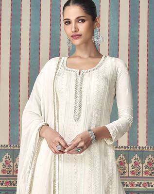 White white georgette embroidery with sequence work kurta palazzo dupatta set 3