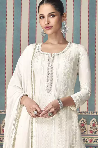 White white georgette embroidery with sequence work kurta palazzo dupatta set