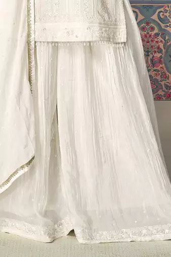 White white georgette embroidery with sequence work kurta palazzo dupatta set