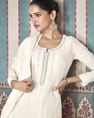 White white georgette embroidery with sequence work kurta palazzo dupatta set 5