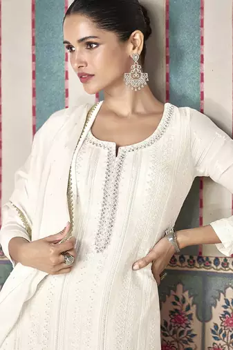 White white georgette embroidery with sequence work kurta palazzo dupatta set