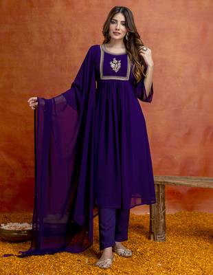 Purple georgette embroidery sequence work anarkali kurta pant dupatta set 1