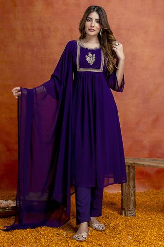 Purple georgette embroidery sequence work anarkali kurta pant dupatta set