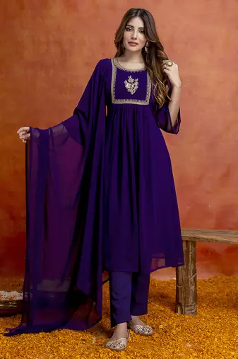 Purple georgette embroidery sequence work anarkali kurta pant dupatta set