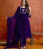 Purple georgette embroidery sequence work anarkali kurta pant dupatta set