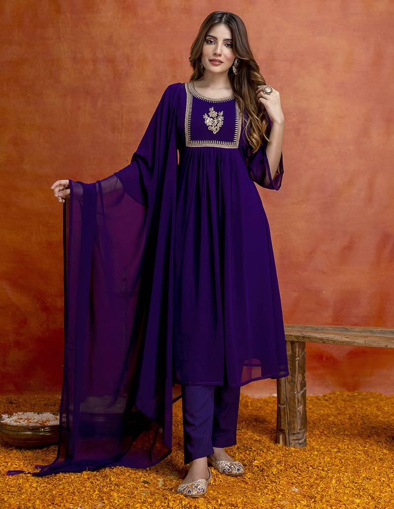 Purple georgette embroidery sequence work anarkali kurta pant dupatta set