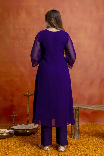 Purple georgette embroidery sequence work anarkali kurta pant dupatta set