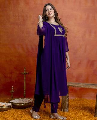 Purple georgette embroidery sequence work anarkali kurta pant dupatta set 3