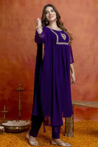 Purple georgette embroidery sequence work anarkali kurta pant dupatta set