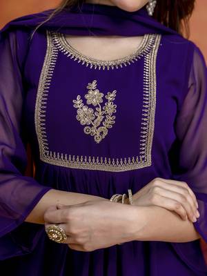 Purple georgette embroidery sequence work anarkali kurta pant dupatta set 4