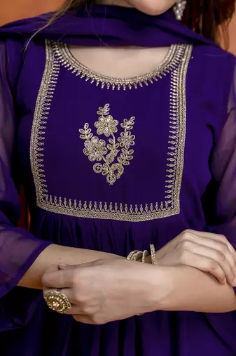 Purple georgette embroidery sequence work anarkali kurta pant dupatta set