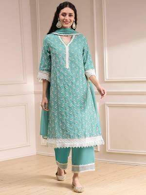 Turquoise georgette embroidery sequence work anarkali kurta pant dupatta set 1