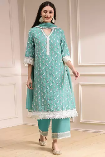 Turquoise georgette embroidery sequence work anarkali kurta pant dupatta set